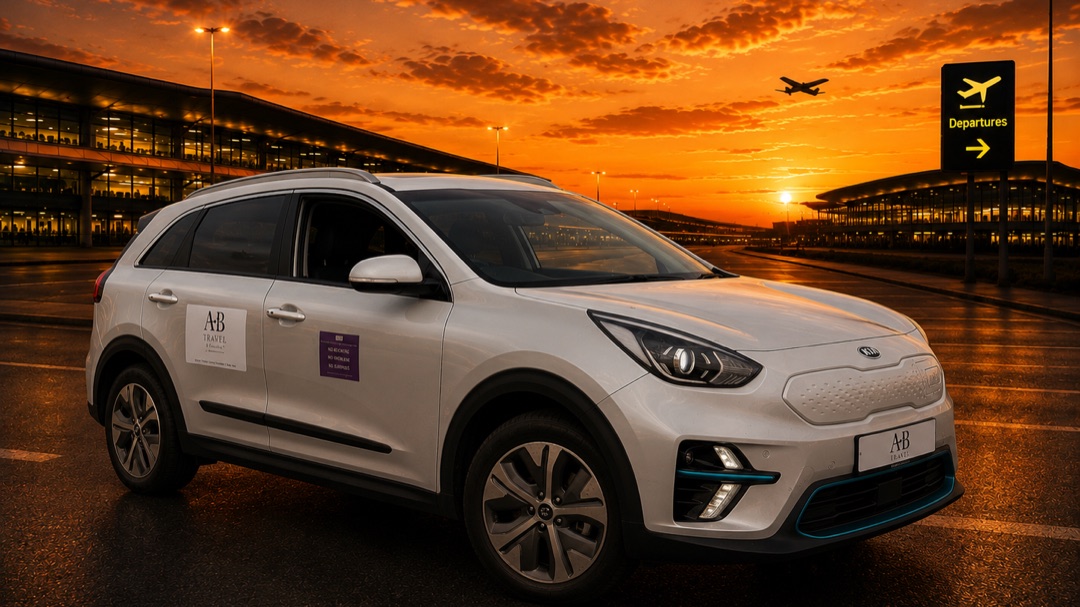 The Kia Niro EV in A to B Travel livery, outside an airport terminal at sunset