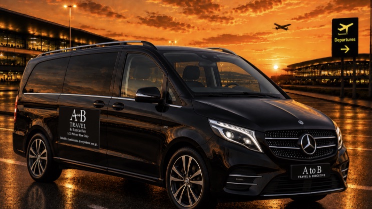A Mercedes-Benz V-Class in A to B Travel livery, outside an airport terminal at sunset